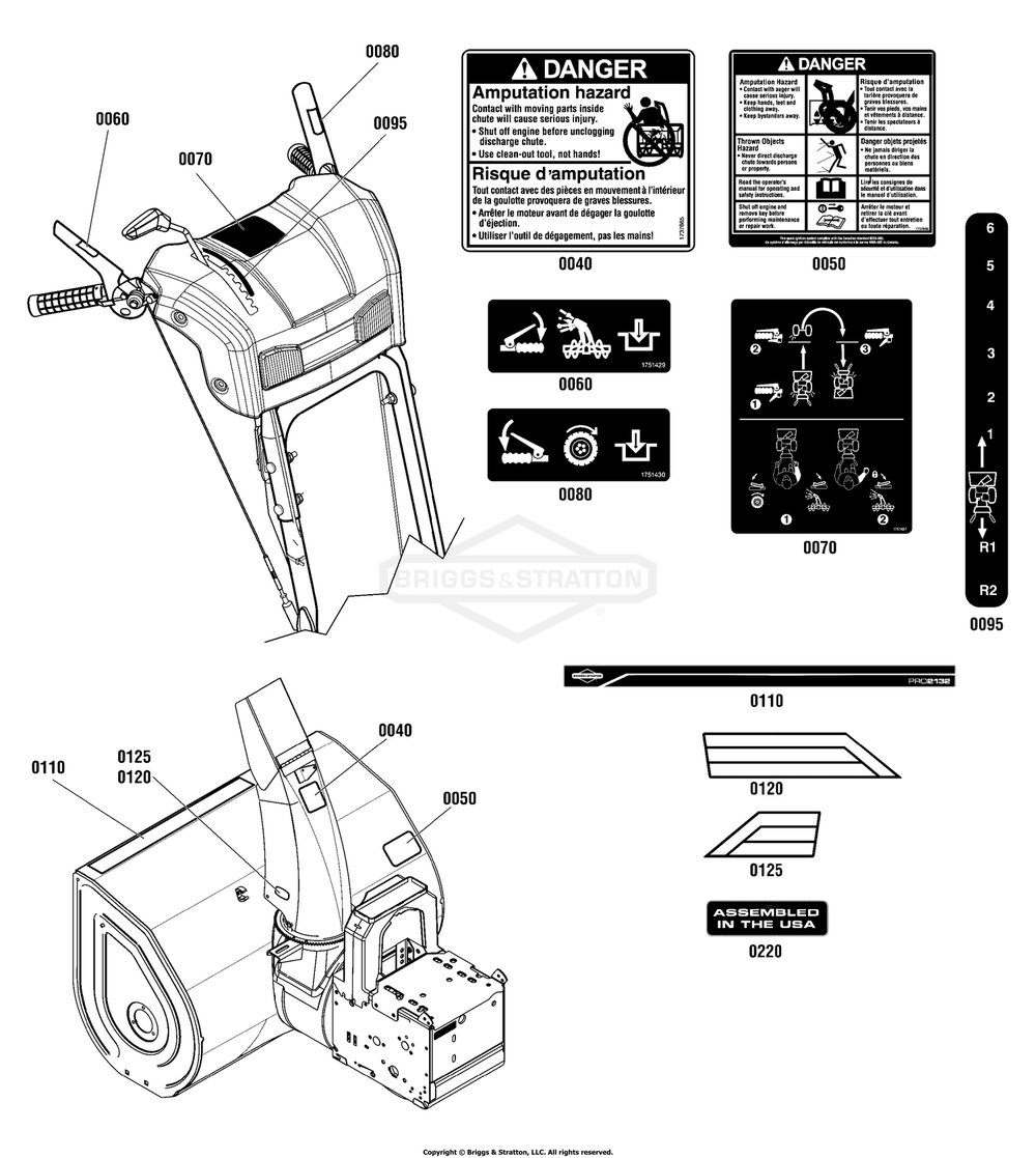 Decals Group Diagram and Parts List for 1696159-00 (BP2132)(2012) Briggs and Stratton Snow Blower